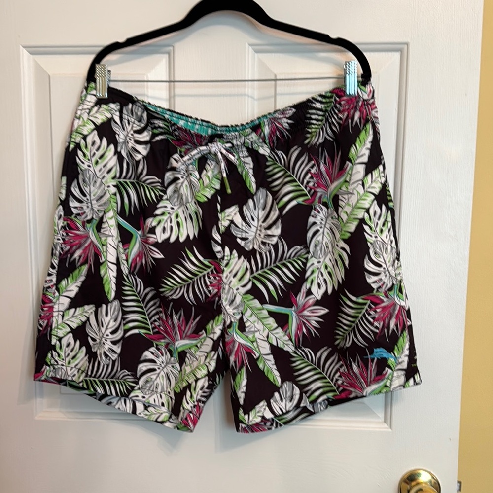 Tommy Bahama Black and Green Swim Trunks with Tropical Print